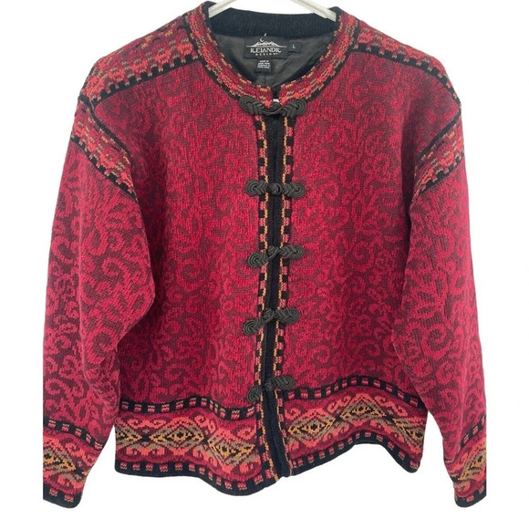 Icelandic Designs Sweater Floral Women Size Large Red Wool Blend Cardigan Lined - Picture 3 of 16